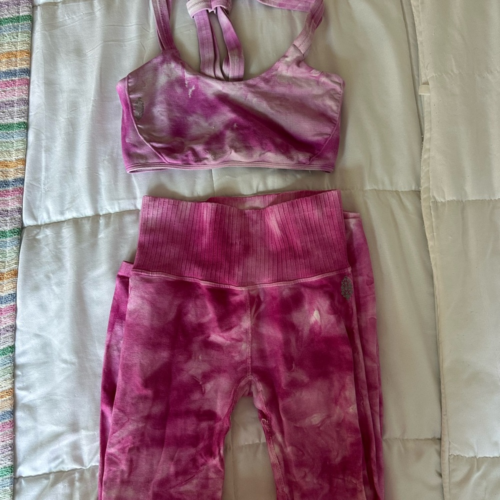 FP Movement Good Karma pink high rise tie dye 7/8 leggings & sports bra set XS/S